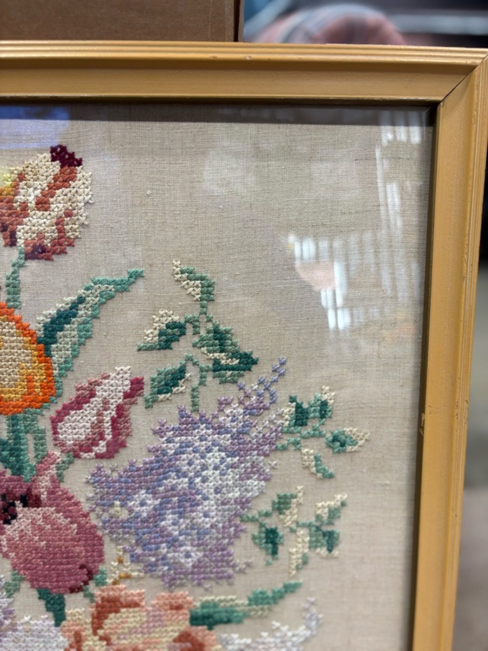 Vintage Hand Crafted Gold Frame Floral Needlepoint Tulips and Lilac - Picture 6 of 11